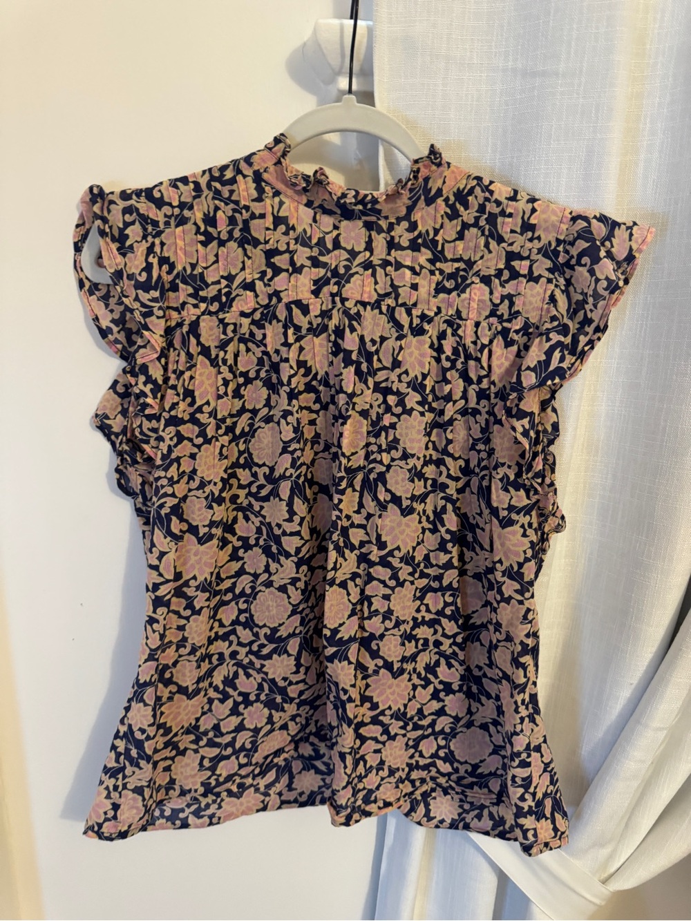 Banjanan Pink Floral Ruffle Cap-Sleeve Top on Navy